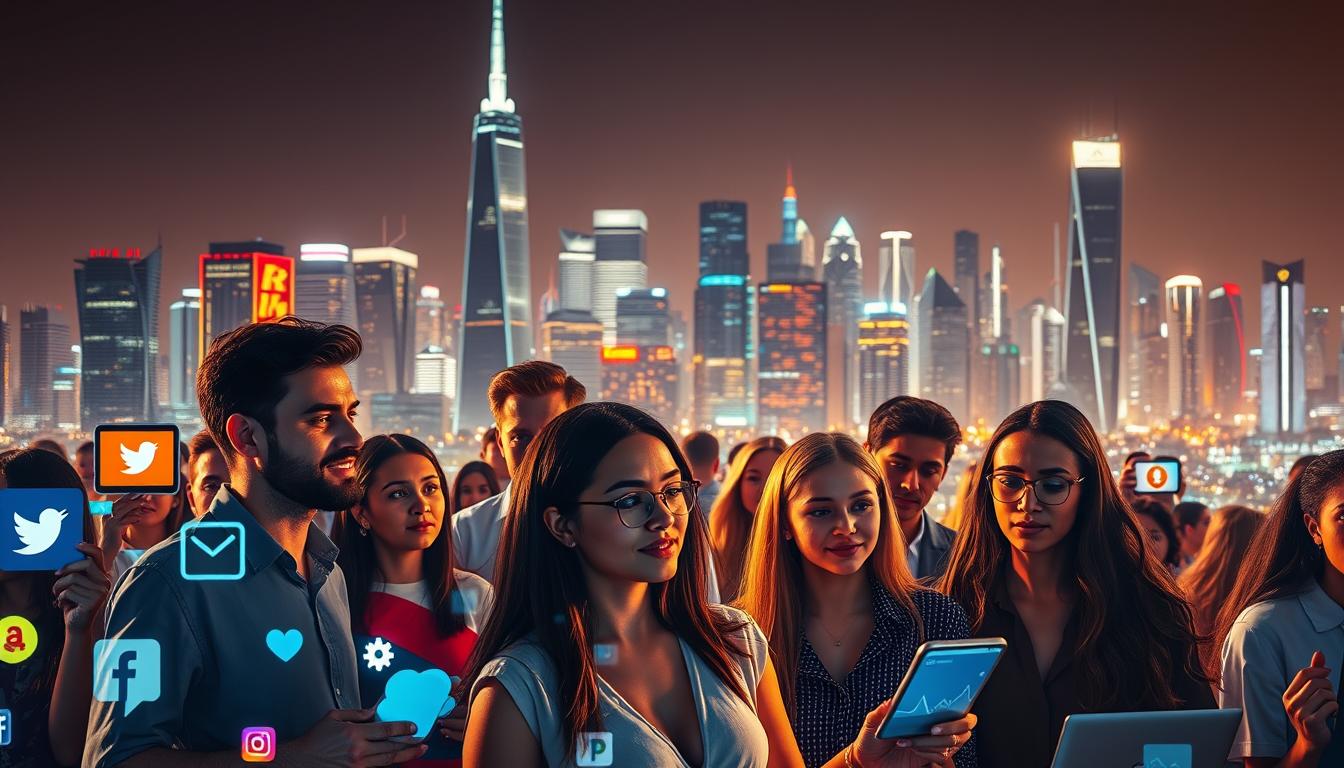 A bustling social media landscape with vibrant digital platforms in the foreground, each represented by distinct icons and symbols. The middle ground features a group of diverse individuals actively engaged in affiliate marketing, their faces displaying a mix of concentration and excitement. In the background, a sleek, futuristic cityscape with towering skyscrapers and a vibrant, neon-lit skyline. The scene is bathed in a warm, golden light, creating a sense of dynamism and innovation. The overall atmosphere conveys the emerging opportunities and potential of social media affiliate marketing in the year 2025.