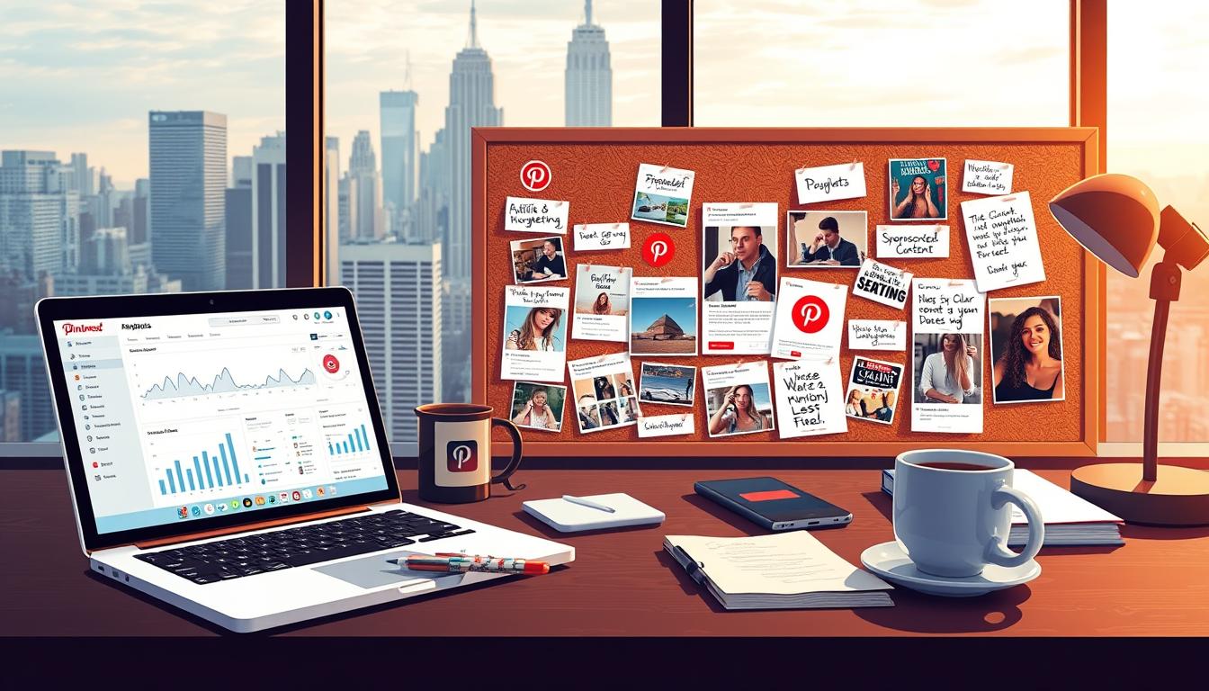 A high-resolution, detailed digital illustration of a workspace showcasing advanced Pinterest monetization strategies. In the foreground, a laptop displays a Pinterest analytics dashboard with charts and statistics. On the desk, various physical items are arranged - a smartphone, a notebook, a cup of coffee, and sticky notes with handwritten notes. In the middle ground, a corkboard displays a collage of Pinterest pins, each representing a different monetization tactic such as affiliate marketing, product promotion, and sponsored content. The background features a large window overlooking a city skyline, with warm, natural lighting filtering in. The overall mood is focused, productive, and visually engaging, reflecting the &quot;Advanced Pinterest Monetization Techniques&quot; theme.