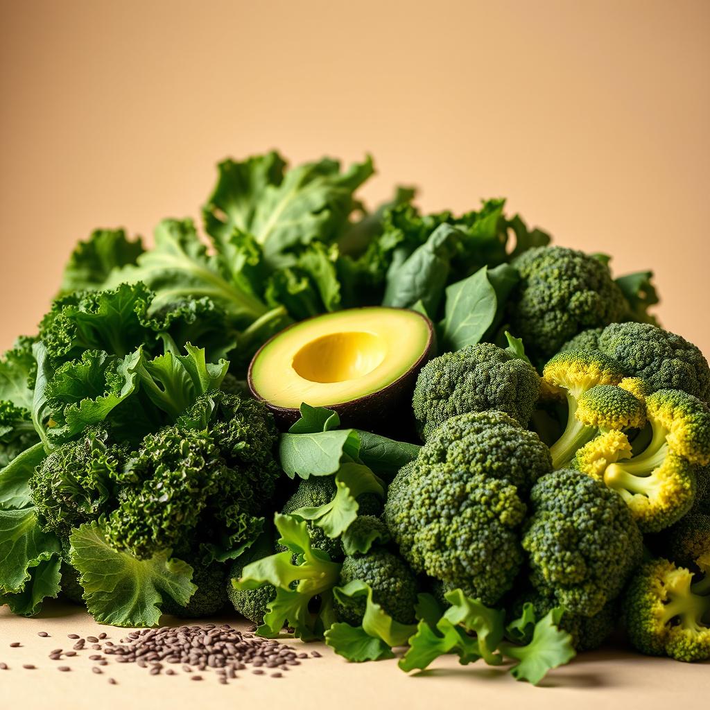 A vibrant still life of keto-friendly green vegetables bursting with high fiber content. In the foreground, a tightly framed arrangement of leafy kale, crisp spinach, and crunchy broccoli florets. The vegetables are illuminated by warm, soft lighting that casts gentle shadows, highlighting their natural textures and rich, verdant hues. In the middle ground, a few slices of avocado add a creamy contrast, while a scattering of chia seeds and ground flaxseed provide additional high-fiber elements. The background is a simple, neutral backdrop that allows the vibrant produce to take center stage, creating a clean and appetizing composition that showcases the power of low-carb, high-fiber keto greens.