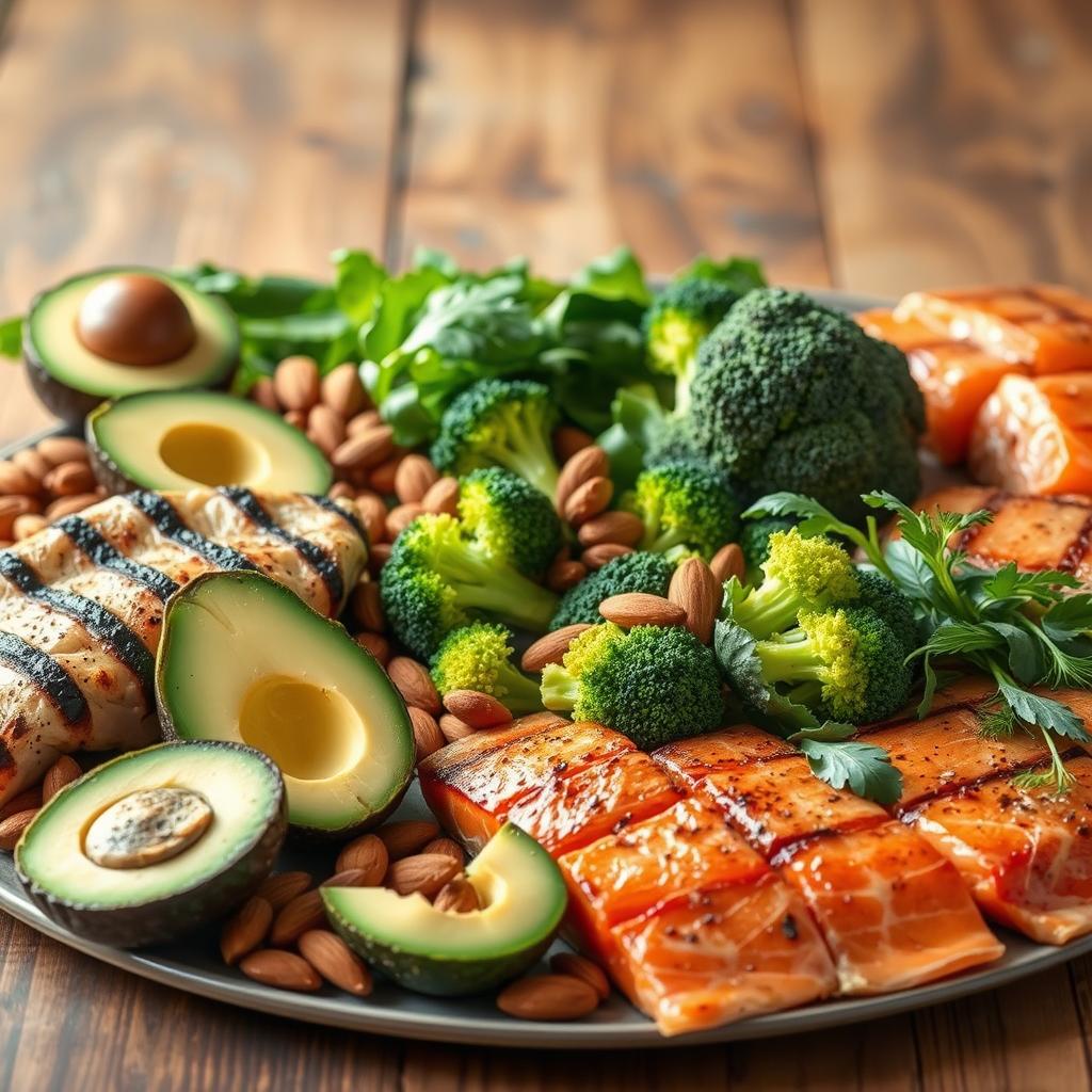 High-protein foods for seniors on keto, captured in a warm, natural lighting with a soft, inviting atmosphere. In the foreground, a variety of protein-rich keto-friendly ingredients - juicy grilled chicken breasts, creamy avocado halves, crunchy roasted almonds, and fatty fish like salmon steaks. In the middle ground, an assortment of leafy greens, hearty broccoli florets, and fresh herbs, complementing the protein sources. The background showcases a rustic wood table, setting the scene for a nourishing, senior-friendly keto meal. The image conveys a sense of health, balance, and culinary delight for the keto-adhering senior audience.