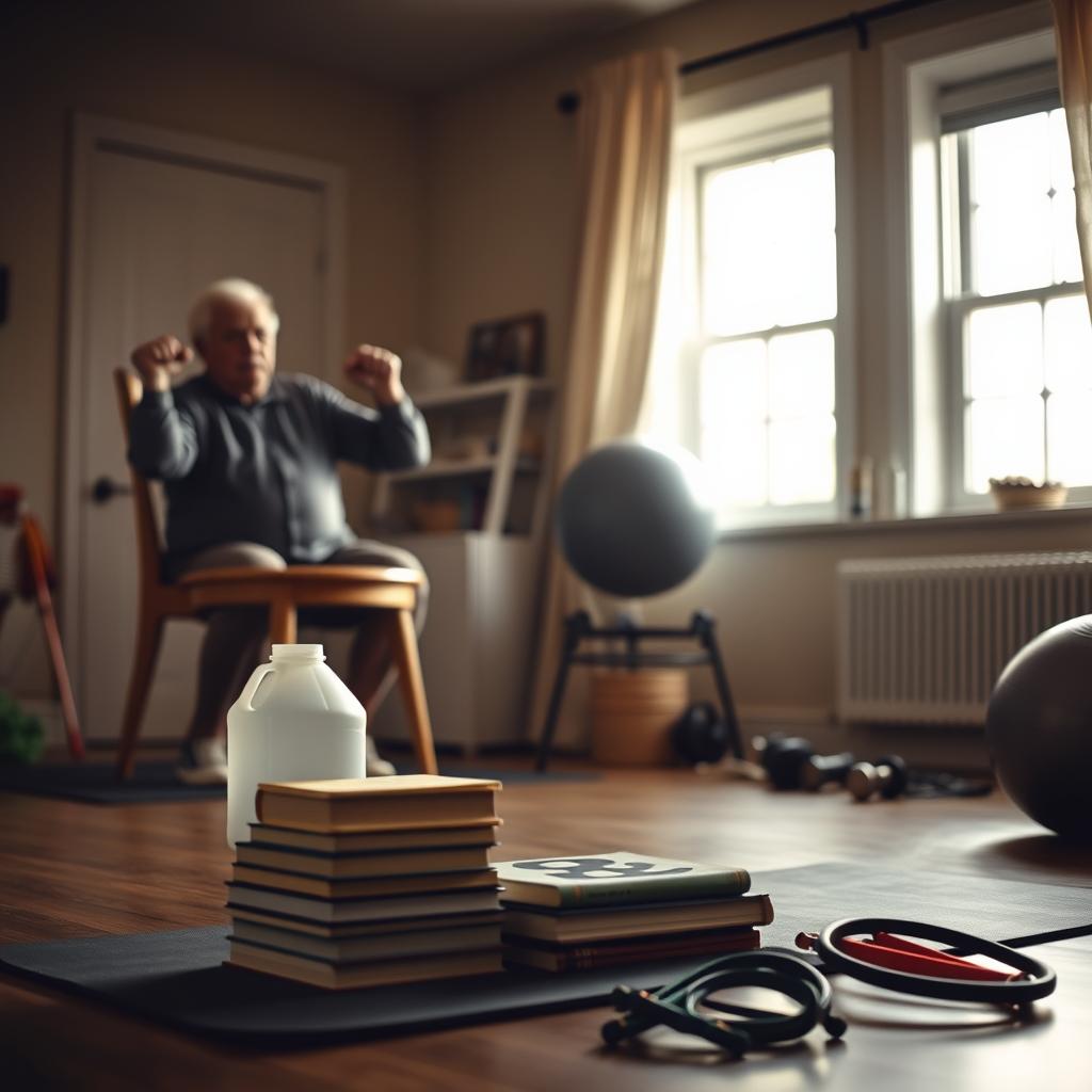 A dimly lit home gymnasium featuring an elderly man performing bodyweight exercises using everyday household items. In the foreground, the man is doing squats while holding a sturdy chair for support. In the middle ground, a stack of heavy books and a gallon water jug sit on a yoga mat, ready to be used as makeshift weights. The background showcases simple workout equipment like resistance bands and a stability ball, all within easy reach. Soft, natural lighting filters in through the windows, creating a warm, inviting atmosphere. The scene conveys a sense of empowerment and resilience, as the older adult maintains strength and mobility through creative, accessible fitness routines.