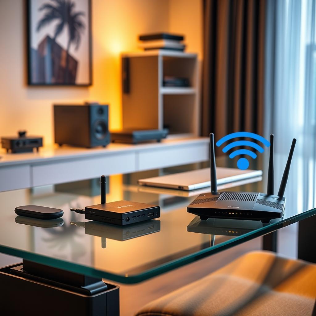 A modern, minimalist home office setup with a sleek glass desk, a high-end audio system, and two wireless devices prominently displayed - a Bluetooth 5.4 audio transmitter and a Wi-Fi 7 router. The room is bathed in warm, indirect lighting, creating a cozy, focused atmosphere. The devices are positioned intentionally, showcasing their advanced capabilities. The overall composition emphasizes the harmonious integration of the latest wireless technologies for an optimized audio experience.