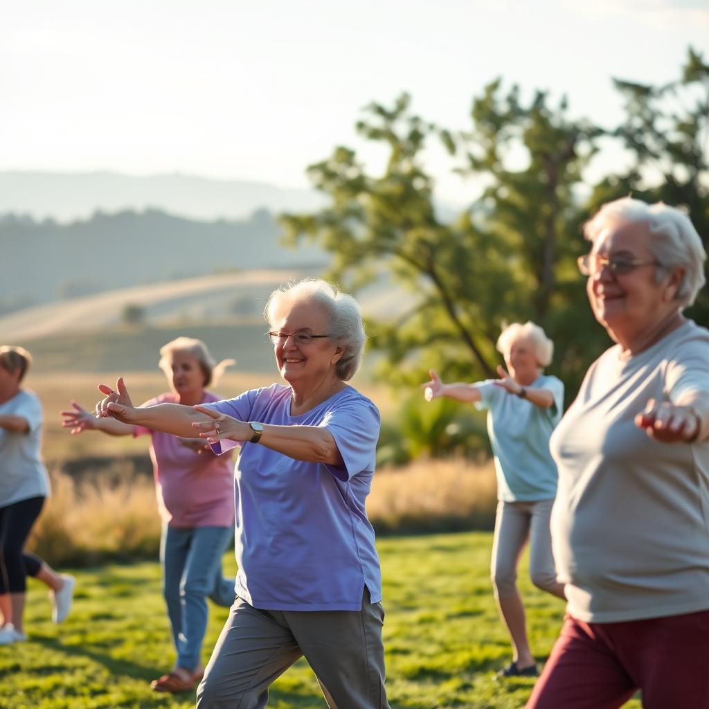 A tranquil rural landscape, with a gentle breeze rustling the trees. In the foreground, a group of senior citizens engage in a series of low-impact exercises, their movements fluid and controlled. The lighting is soft and warm, illuminating their faces with a sense of calm and contentment. In the middle ground, a well-maintained grassy area provides a safe and stable surface for their activities. In the background, rolling hills and a distant tree line create a serene, natural backdrop. The overall atmosphere is one of serenity and wellness, encouraging a sense of safety and well-being for the seniors as they embark on their outdoor workout routine.