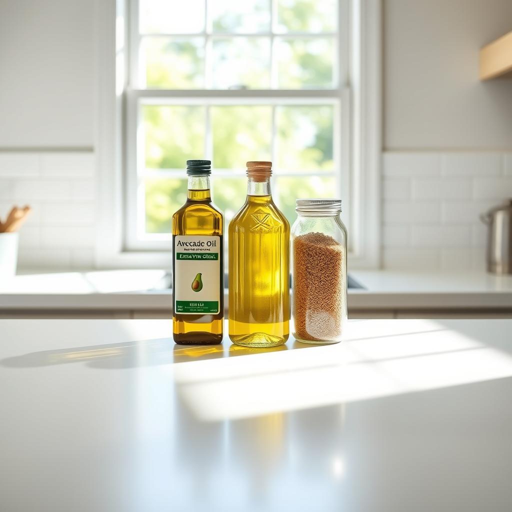 A clean, well-lit kitchen countertop displaying three clear glass jars filled with keto-friendly macronutrients - extra virgin olive oil, avocado oil, and ground flaxseed. The jars are arranged in a triangular composition, casting soft shadows on the crisp white counter surface. In the background, a window overlooking a serene garden provides natural daylight, highlighting the vibrant colors and textures of the ingredients. The overall mood is calm, informative, and tailored to the dietary needs of aging adults seeking a healthy keto lifestyle.