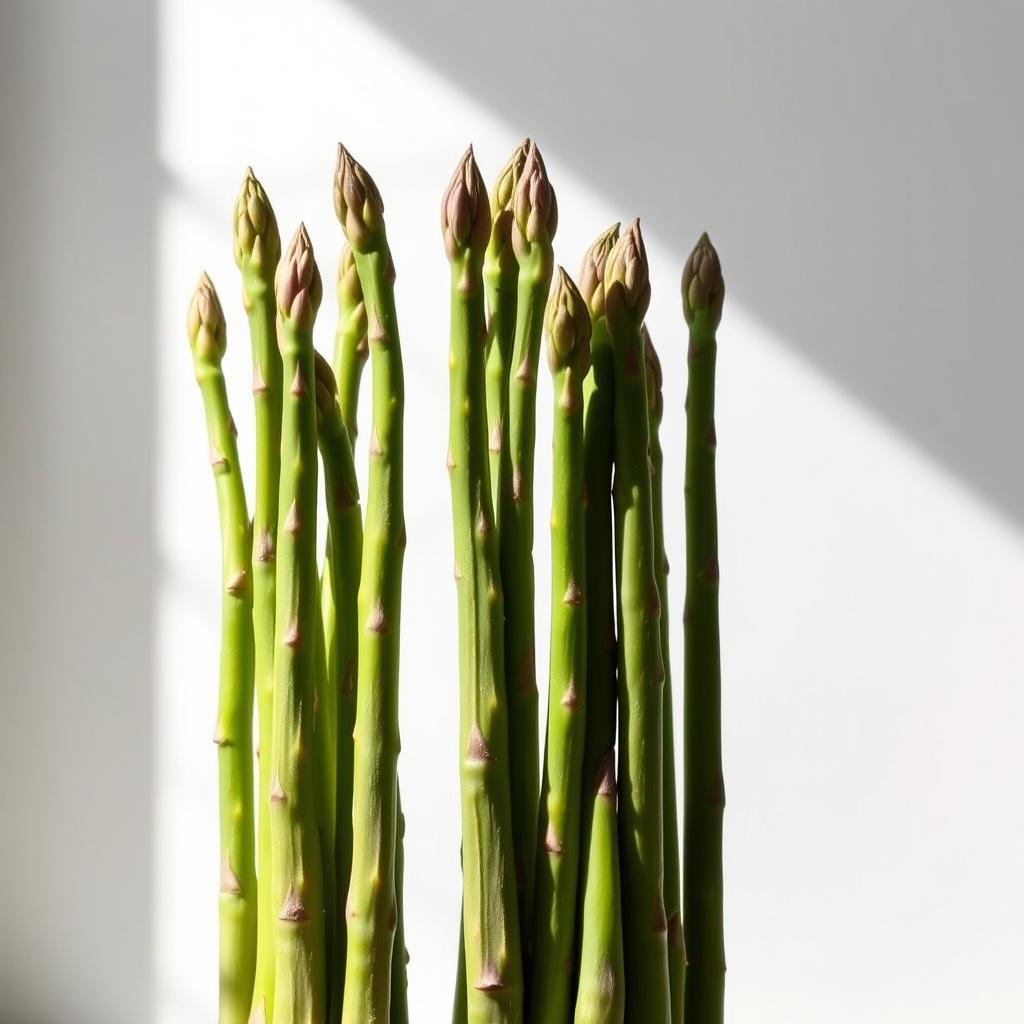 A bountiful arrangement of fresh, vibrant asparagus spears against a clean, minimalist background. The asparagus stands tall, their slender stems and tender tips illuminated by soft, natural lighting that casts gentle shadows, creating depth and dimension. The vegetables are displayed in an elegant, artful manner, inviting the viewer to appreciate their inherent beauty and the nutritional benefits they offer. The overall mood is one of simplicity, health, and culinary inspiration, perfectly suited to highlight the versatility of this powerfully keto-friendly vegetable.
