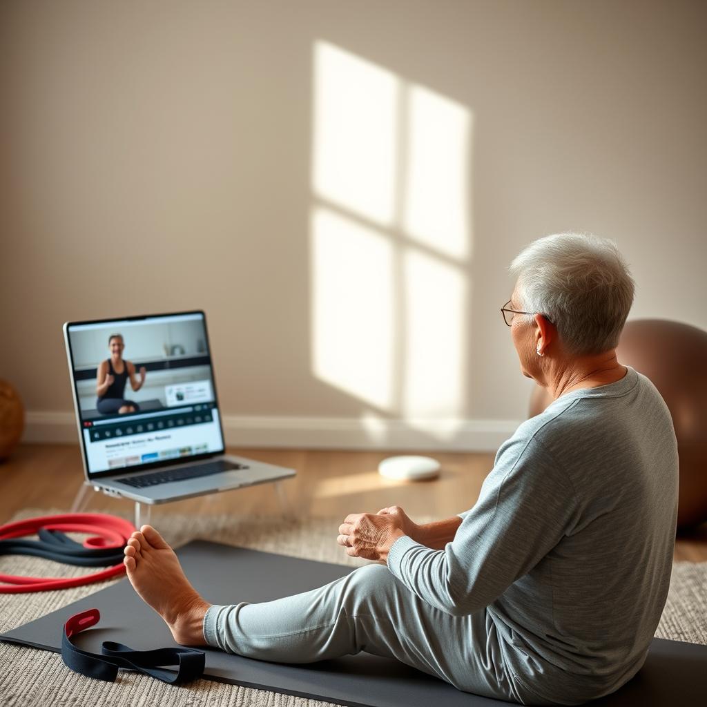 A cozy, well-lit home gym setting with a senior person following along to a YouTube workout video on a laptop screen. The workout session is focused on low-impact, keto-friendly exercises designed for older adults, with a serene, positive atmosphere. Soft natural lighting illuminates the scene, and the laptop display shows an instructor demonstrating gentle movements. The senior is dressed in comfortable, breathable activewear, sitting on a yoga mat and surrounded by basic workout equipment like resistance bands and a stability ball. The background has muted, earthy tones to create a calming, inviting ambiance.