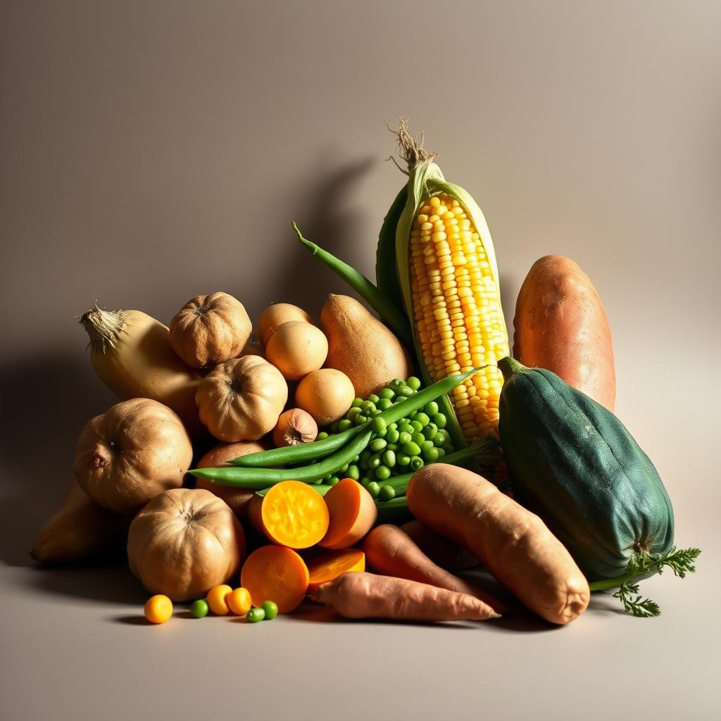 A vibrant still life composed of various starchy vegetables, including potatoes, corn, peas, and sweet potatoes, arranged against a plain, muted background. The vegetables are lit from the side, creating dramatic shadows and highlights that accentuate their textures and shapes. The overall composition is balanced and visually appealing, drawing the viewer's attention to the subject matter. The mood is contemplative, inviting the viewer to consider the role of these high-carb vegetables in a ketogenic diet.