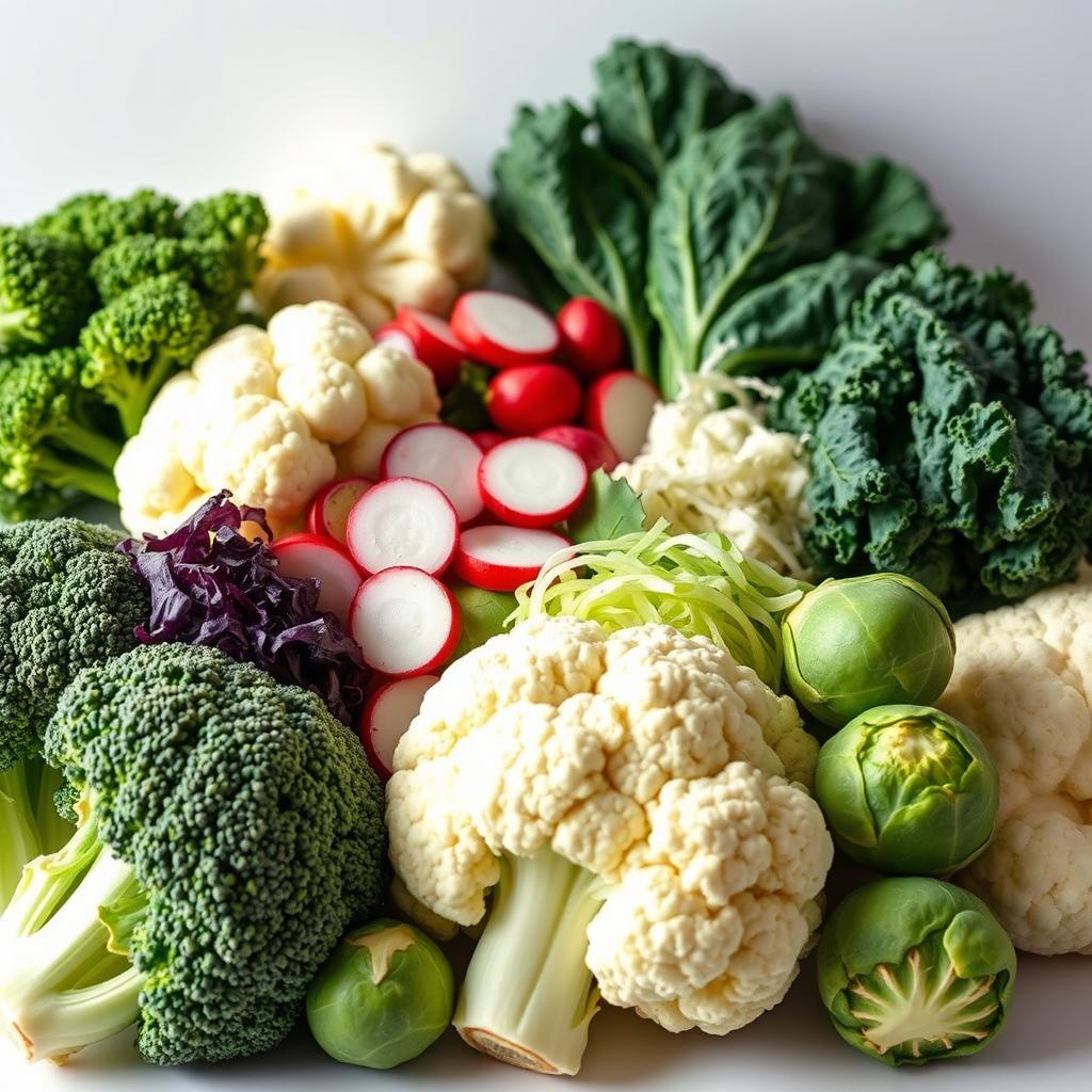 A vibrant arrangement of cruciferous keto-friendly vegetables set against a clean white background, illuminated by soft, natural lighting. In the foreground, a selection of broccoli florets, cauliflower heads, and Brussels sprouts, their textures and colors sharply defined. In the middle ground, sliced radishes, kale leaves, and shredded cabbage, creating a harmonious blend of shapes and hues. The background is subtly blurred, allowing the nutrient-dense veggies to take center stage. The overall composition conveys a sense of health, freshness, and the power of these low-carb, keto-approved ingredients.