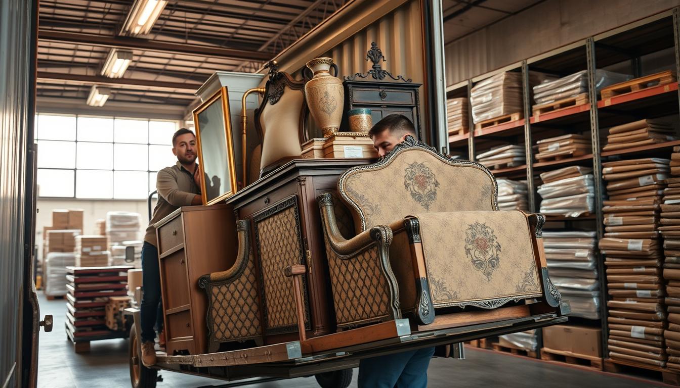 A professional moving company carefully transporting a diverse array of fine antique furniture and delicate household items, navigating narrow spaces with precision, using specialized equipment and techniques to ensure the utmost care and protection. The scene is bathed in warm, soft lighting, conveying a sense of trust and expertise. In the background, a modern, well-organized warehouse facility with stacks of neatly packaged belongings hints at the company's comprehensive services. The overall composition suggests the invaluable benefits of hiring &quot;شركة انجزني لنقل الاثاث&quot;, a trusted, experienced mover, for a seamless and worry-free relocation.