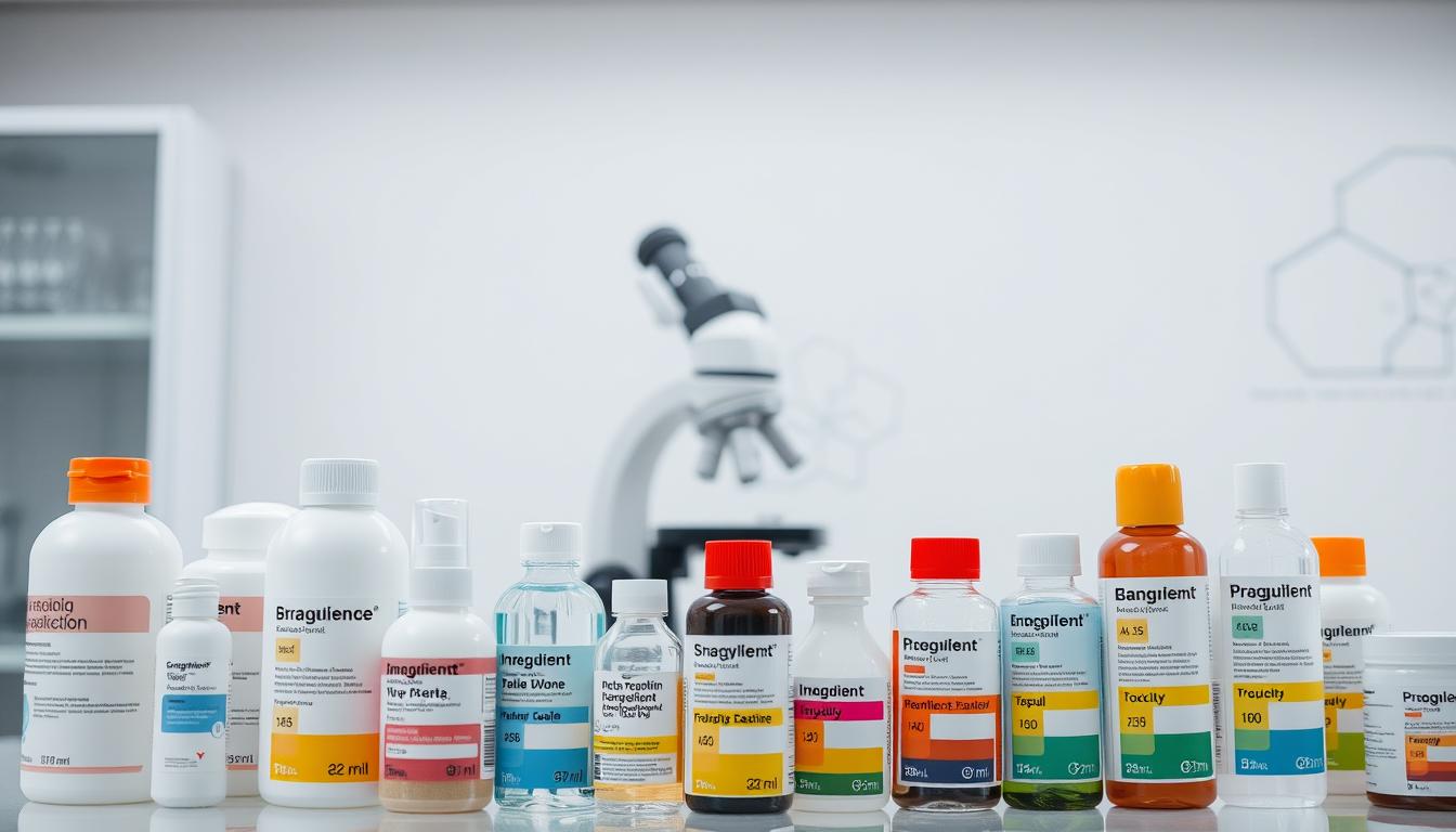 A laboratory-like setting with a clean, clinical atmosphere. In the foreground, an array of product bottles and containers are displayed, their ingredients and toxicity levels clearly labeled and color-coded. In the middle ground, a magnifying glass or microscope is positioned, emphasizing the scientific nature of ingredient examination. The background features a clean, minimalist wall, perhaps with a subtle grid pattern or scientific diagrams, suggesting a professional, educational environment. The lighting is bright and uniform, creating a sense of clarity and precision. The overall tone is one of informative, objective analysis, allowing the viewer to easily compare and understand the toxicity of different product ingredients.