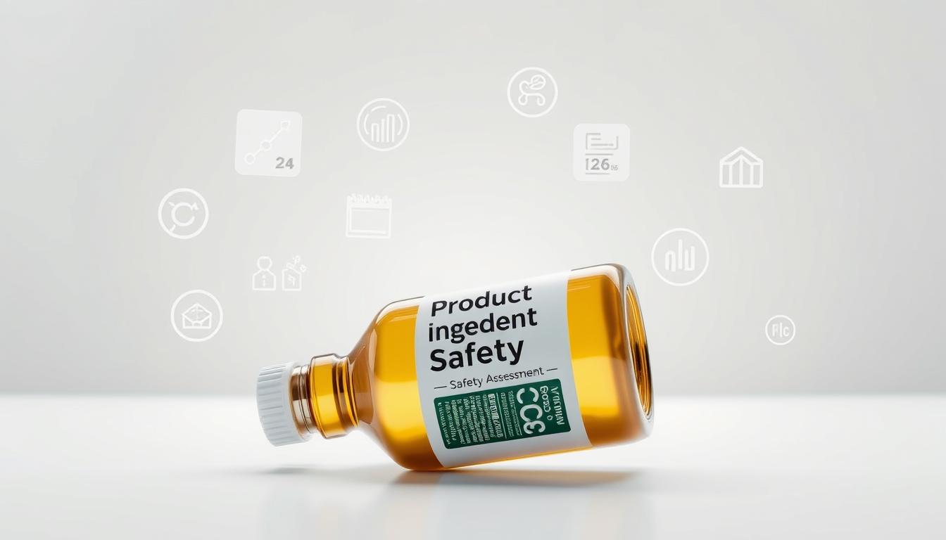 A sleek, well-lit product bottle resting on a clean, minimalist white surface. The bottle's label prominently features the "Product Ingredient Safety Assessment" title in a modern, sans-serif font. Floating around the bottle are various icons and infographic elements illustrating key product information - chemical compositions, safety ratings, and nutritional details. The background is softly blurred, allowing the product to be the focal point. The overall mood is one of clinical precision, consumer transparency, and product trustworthiness.