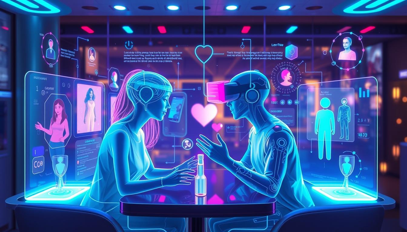 Futuristic dating technology concept with AI and virtual reality elements