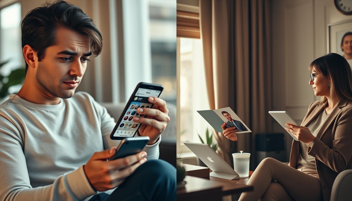 Split screen comparing dating app experience with traditional matchmaking consultation