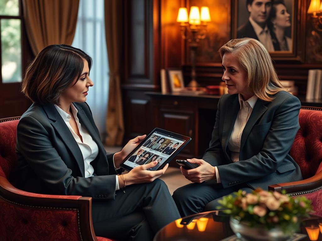 Professional matchmaker consulting with client in elegant office setting