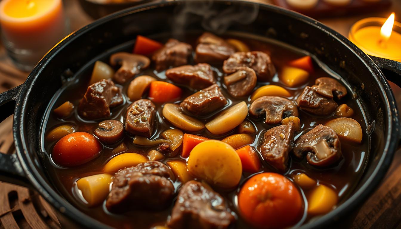 A hearty, slow-cooked beef stew simmers in a cast-iron Dutch oven, the rich aromas of savory vegetables and earthy mushrooms filling the air. Tender chunks of beef are nestled among sliced onions, carrots, and button mushrooms, bathed in a thick, glossy gravy. Flickering candlelight casts a warm, rustic glow over the scene, emphasizing the homemade, comforting nature of the dish. The image is captured from a low angle, showcasing the depth and complexity of the stew, with a shallow depth of field to draw the viewer's eye to the focal point of the succulent beef and vegetables. An atmosphere of cozy, homestyle cooking permeates the scene, inviting the viewer to savor the flavors of this hearty, slow-cooked comfort food.
