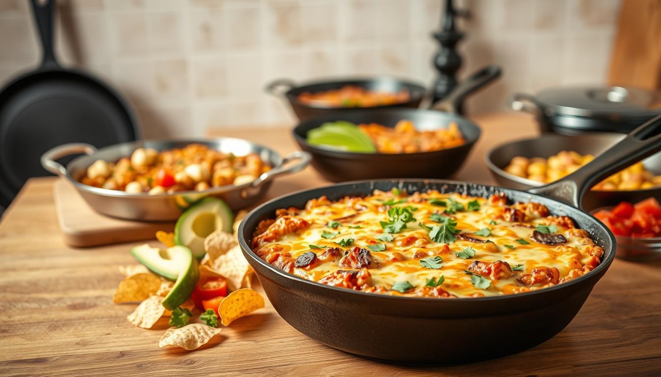 A cozy kitchen scene featuring an assortment of tempting one-pan meals. In the foreground, a large, cast-iron skillet sits on a wooden table, filled with a mouth-watering casserole, its surface dotted with melted cheese and fresh herbs. Surrounding the pan are various accompaniments like sliced avocado, diced tomatoes, and crisp tortilla chips, creating a vibrant, tex-mex inspired display. In the middle ground, additional pans and baking dishes emerge, showcased against a neutral, light-filled backdrop, emphasizing the simplicity and ease of these all-in-one culinary creations. Warm, amber lighting casts a welcoming glow, while the composition is designed to invite the viewer to dive in and savor these straightforward, satisfying one-pan meals.