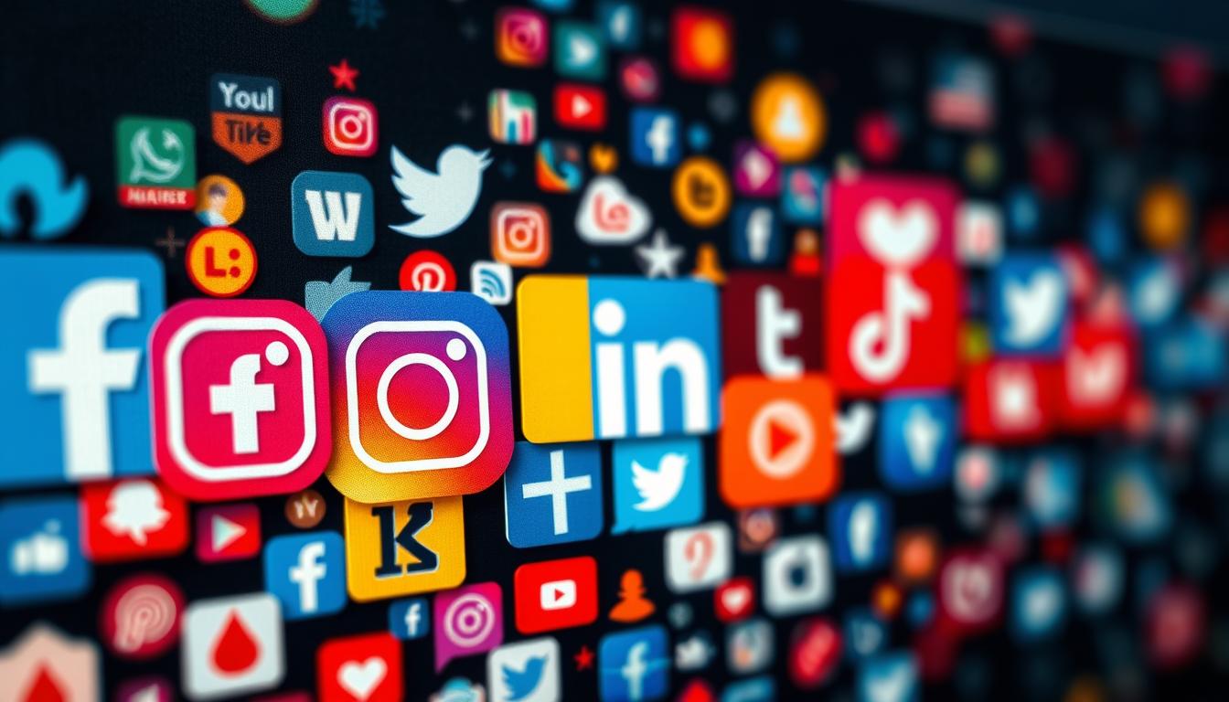 A vibrant collage of social media icons and symbols, shot in a dynamic, high-contrast photographic style with dramatic lighting and depth of field. The foreground features a clean, minimalist arrangement of the most popular social platform logos - Facebook, Twitter, Instagram, LinkedIn, TikTok - rendered in vivid colors against a blurred, textured background. The midground showcases a tapestry of social media interface elements like share buttons, hashtags, and profile avatars, creating a sense of interconnectivity. In the far background, a subtle grid pattern evokes the digital web underpinning these ubiquitous communication channels. The overall composition conveys the central role of social media in modern digital marketing and transformation.