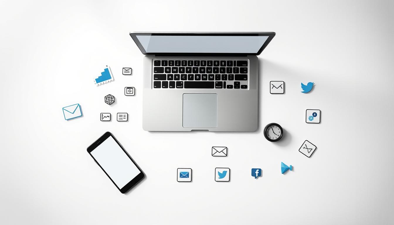 A minimalist and sleek arrangement of digital marketing management tools, including a laptop, smartphone, tablet, and various icons representing analytics, SEO, email, and social media platforms. The items are positioned on a clean, white background with subtle shadows, creating a modern and professional aesthetic. Soft, diffused lighting illuminates the scene, emphasizing the technological nature of the tools. The overall composition conveys a sense of efficiency, organization, and the importance of digital marketing for small and medium-sized enterprises.