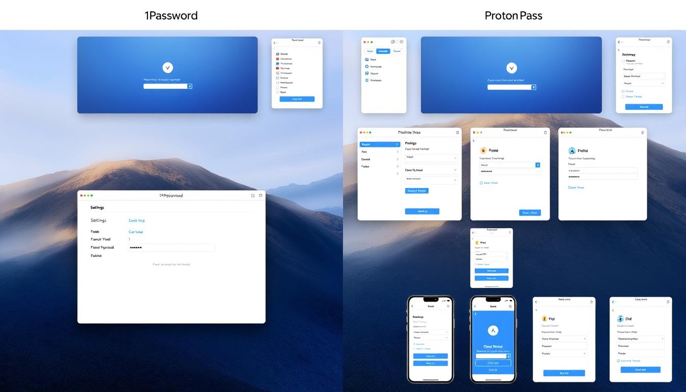 1Password vs Proton Pass user interfaces on desktop and mobile