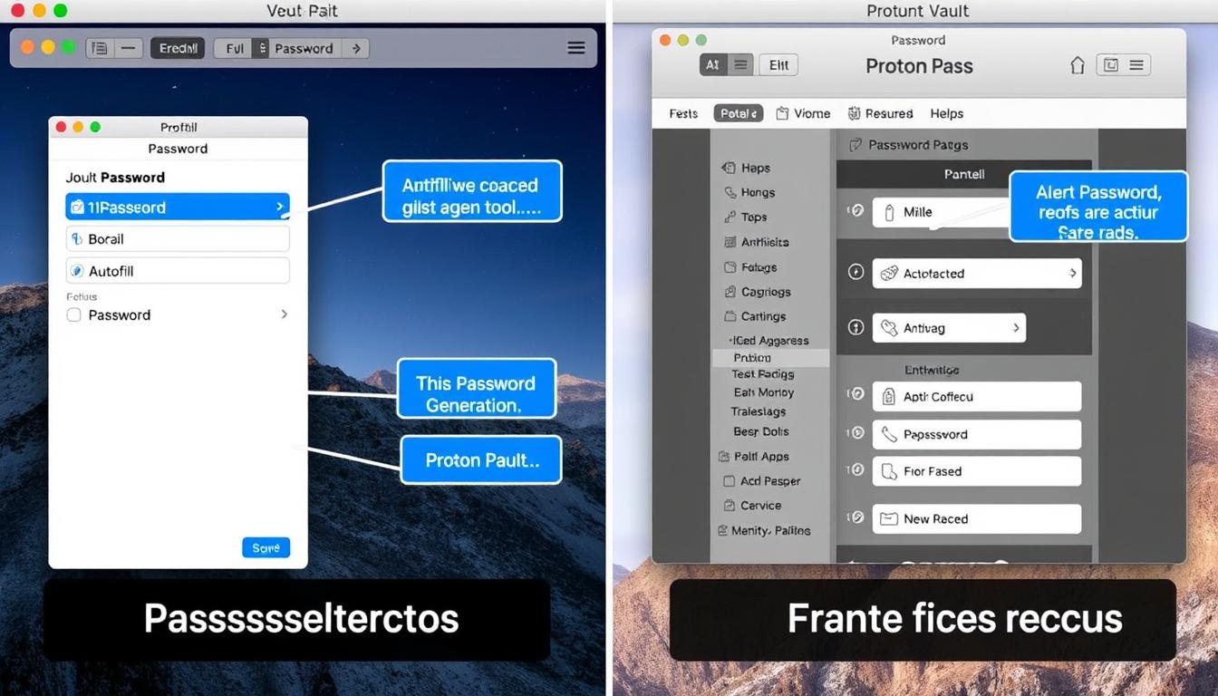 1Password vs Proton Pass feature comparison showing password generation and autofill interfaces