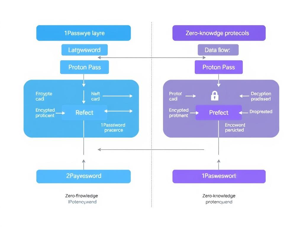 1Password vs Proton Pass security architecture visualization showing encryption methods