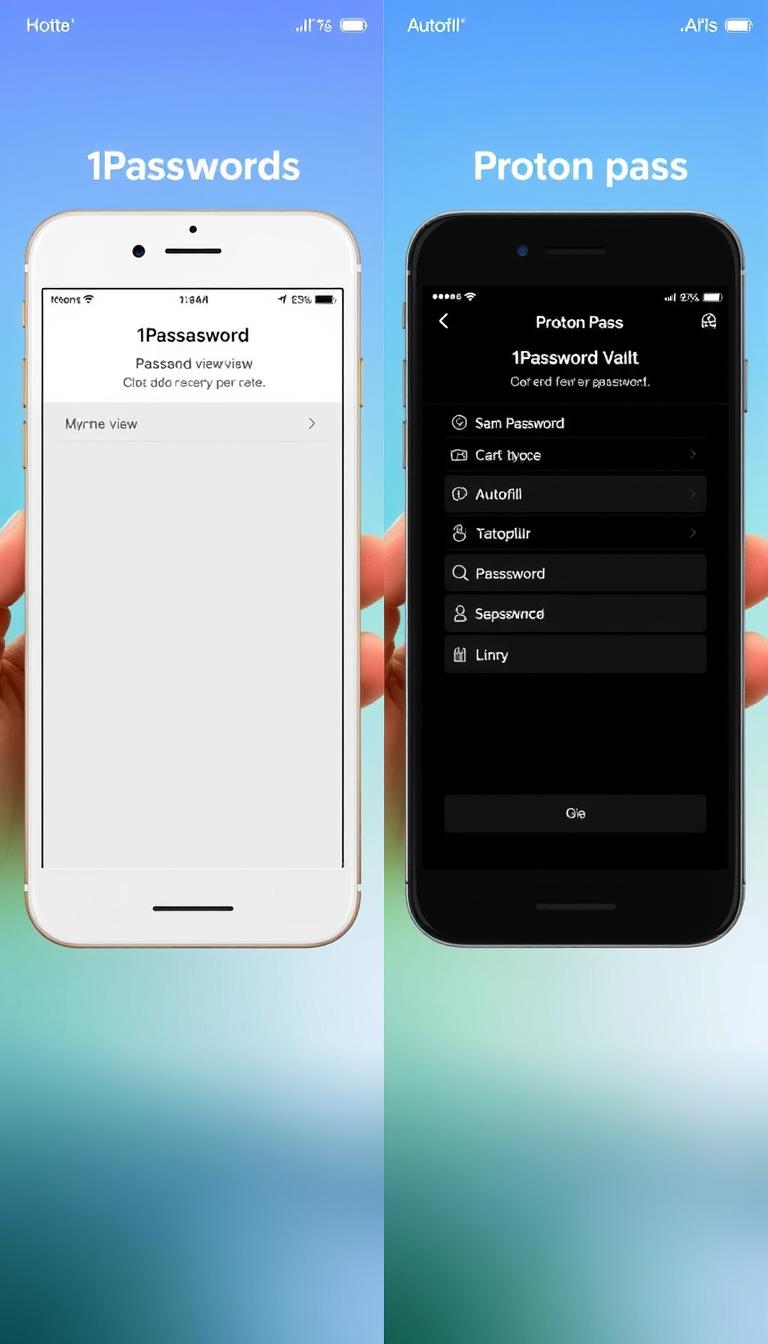 1Password vs Proton Pass mobile app interfaces showing password vault and autofill