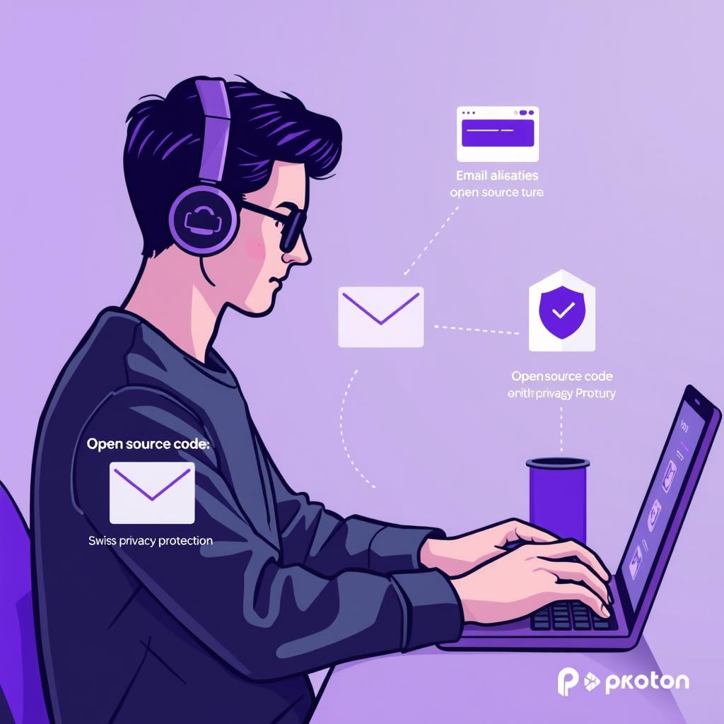Privacy-focused user with Proton Pass interface showing privacy features