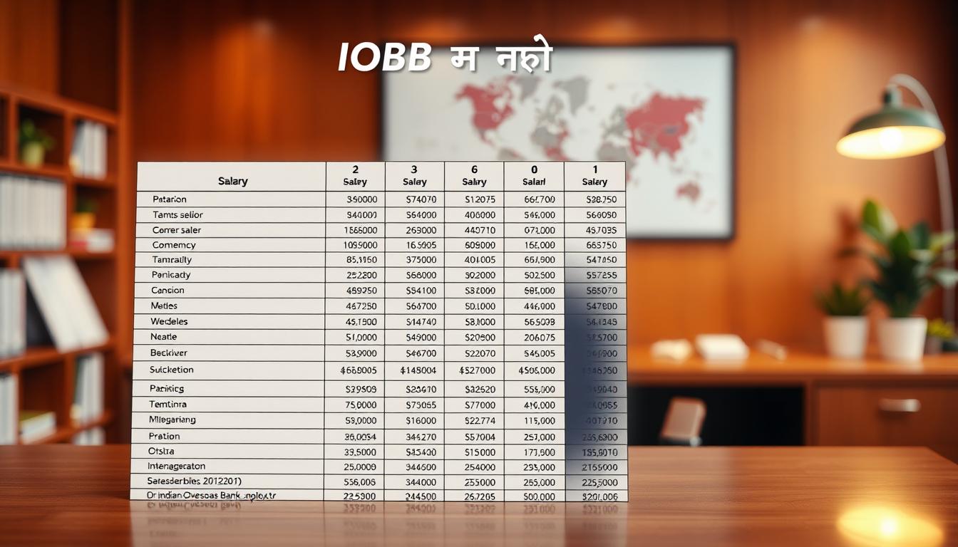 A beautifully detailed spreadsheet depicting the &quot;IOB वेतनमान विवरण&quot; (Indian Overseas Bank Salary Structure) against a warm, professional backdrop. The foreground features a neatly organized table showcasing various salary components and levels, rendered in a clean, readable font. The middle ground includes subtle icons and infographic elements that visually highlight key information. The background depicts a softly blurred office scene, with a wooden desk, potted plants, and warm lighting that creates a sense of productivity and authority. The overall composition conveys a well-structured, informative, and visually appealing representation of the Indian Overseas Bank's compensation details.