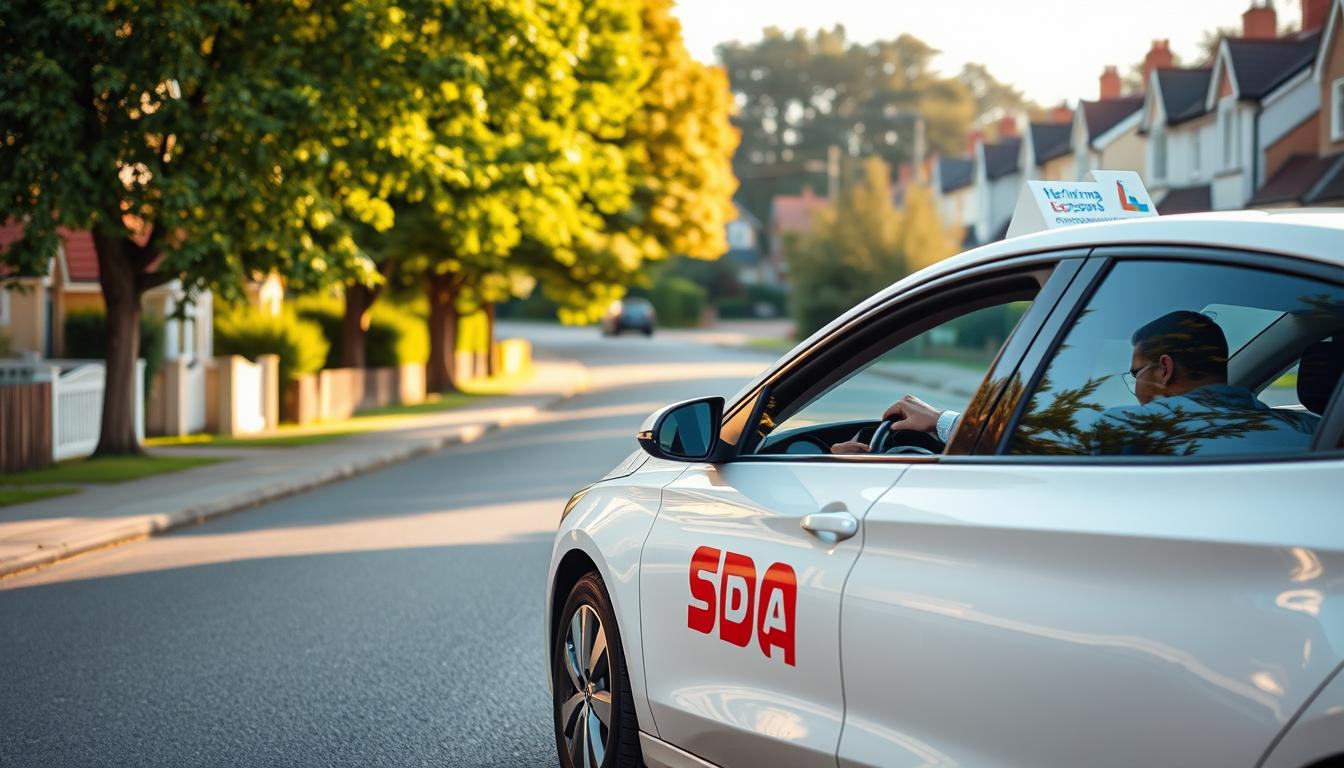 Summertown, a picturesque suburban backdrop. In the foreground, a white sedan with "SDA Driving Lessons Summertow" branding on the door, its instructor guiding a student through a smooth, confident driving maneuver. The scene is bathed in soft, golden afternoon light, casting warm shadows across the well-maintained road. The middle ground features lush, verdant trees lining the street, hinting at the tranquility of the neighborhood. In the background, quaint residential homes with colorful facades create a charming, welcoming atmosphere. The overall mood is one of professionalism, expertise, and the peaceful mastery of the driving experience.