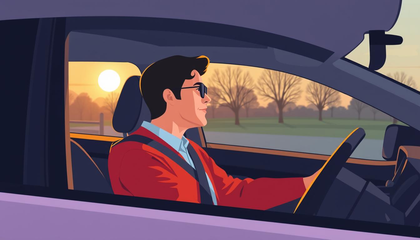 Image of a driving instructor with a learner in a car during an evening lesson