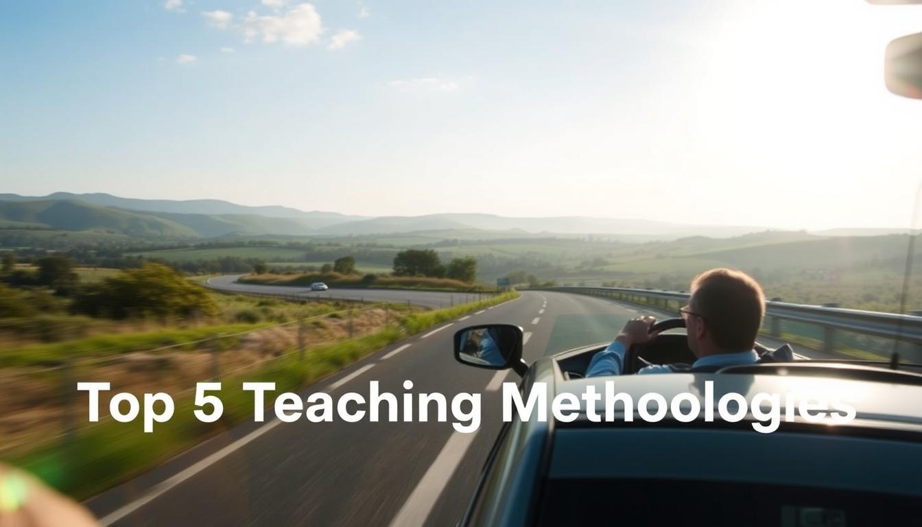 A serene, sun-dappled motorway scene, with a SDA Driving Lessons Summertown car in the foreground, its instructor patiently guiding a student driver. The middle ground features rolling hills and a tranquil countryside, creating a calming backdrop. Soft, diffused lighting illuminates the scene, evoking a sense of ease and relaxation. The camera angle is slightly elevated, offering a bird's-eye view that showcases the instructor's teaching methods and the student's progress. Subtle, soothing colors and a muted palette contribute to an atmosphere of anxiety reduction, making this an ideal illustration for the "Top 5 Teaching Methodologies Used" section.
