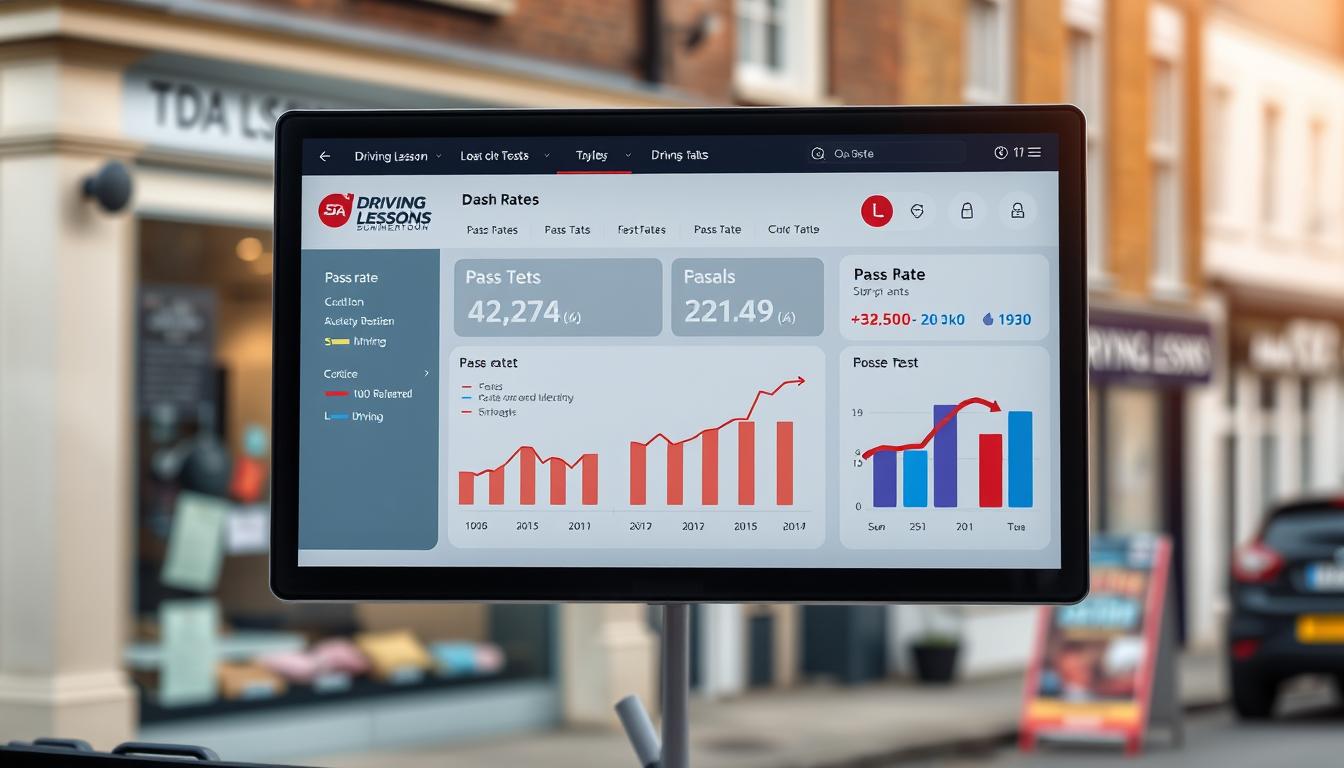 A high-resolution, photorealistic image of the pass rates for the Oxford driving test, showcased on a modern, minimalist dashboard display. The display is mounted in the foreground, with a blurred background revealing a quaint British townscape, featuring the SDA Driving Lessons Summertown storefront. The dashboard is sleek and modern, with clean typography and vibrant data visualizations highlighting the local pass rate statistics. The lighting is crisp and natural, with a soft, warm glow that creates a sense of professionalism and authority. The camera angle is slightly elevated, giving the viewer a sense of importance and emphasizing the centrality of the data display.