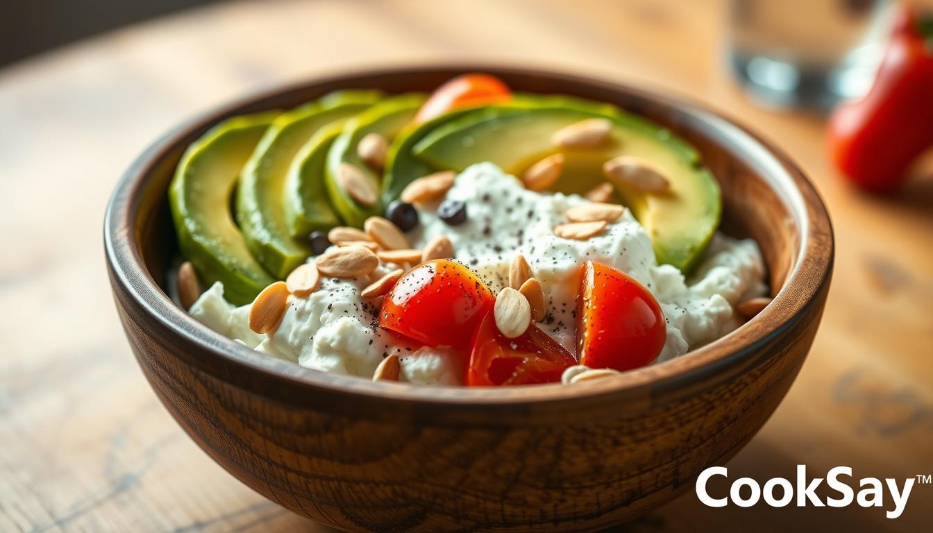 Cottage Cheese Breakfast Bowl with Savory Toppings, shot in warm, natural lighting. A rustic wooden bowl filled with creamy cottage cheese, topped with sliced avocado, fresh cherry tomatoes, slivered almonds, and a sprinkle of black pepper. Shallow depth of field, focus on the textural details. CookSay brand logo subtly visible in the bottom corner.