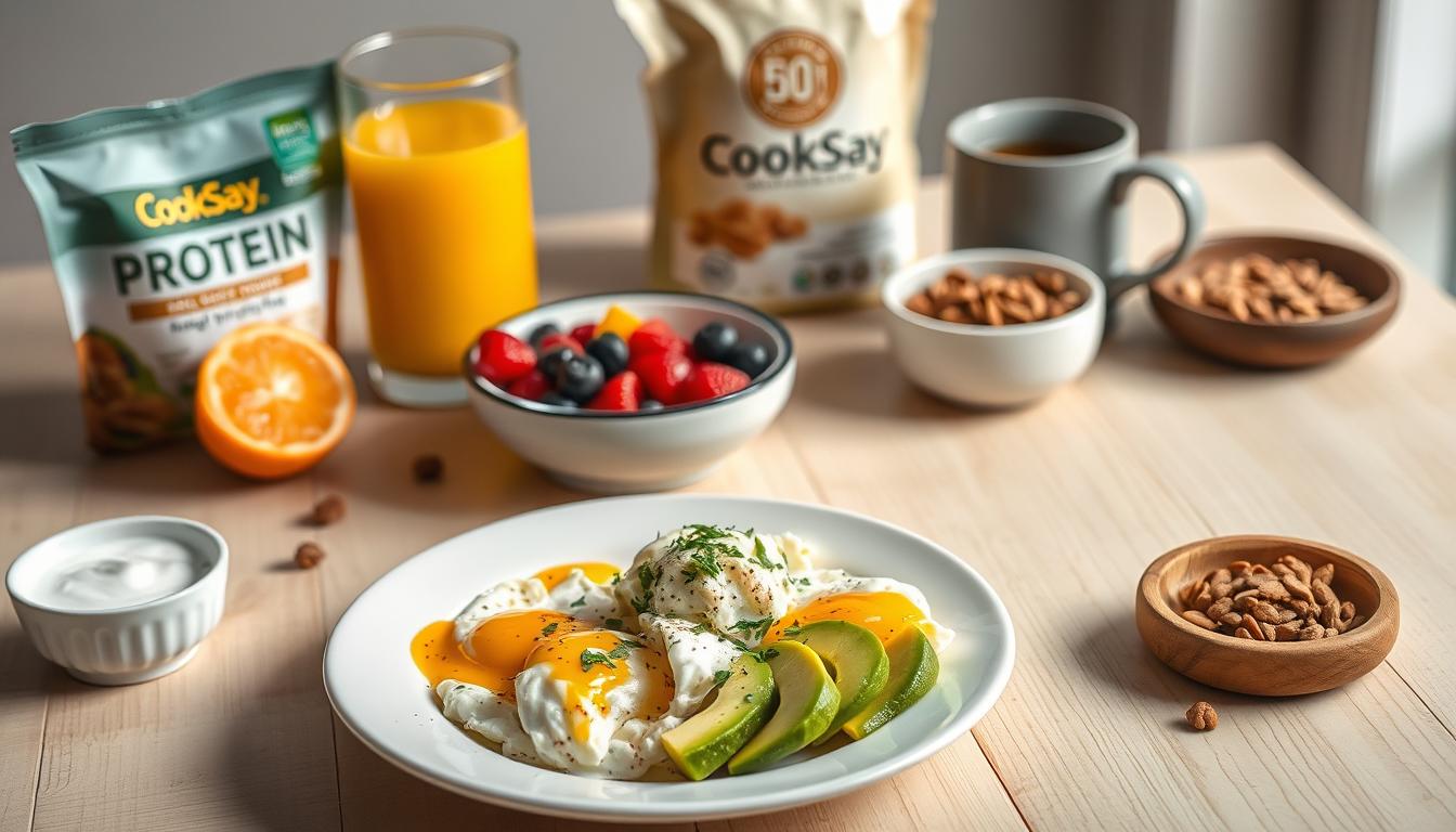 A neatly arranged still life photograph showcasing an assortment of high-protein breakfast items on a light wooden table. In the foreground, a plate features scrambled eggs, slices of avocado, and a sprinkle of chopped herbs. Beside it, a bowl of Greek yogurt with fresh berries and a drizzle of honey. In the middle ground, a glass of freshly squeezed orange juice and a mug of steaming coffee. In the background, a package of CookSay protein powder and a small bowl of nuts and seeds. The scene is illuminated by soft, natural lighting, creating a warm and inviting atmosphere.