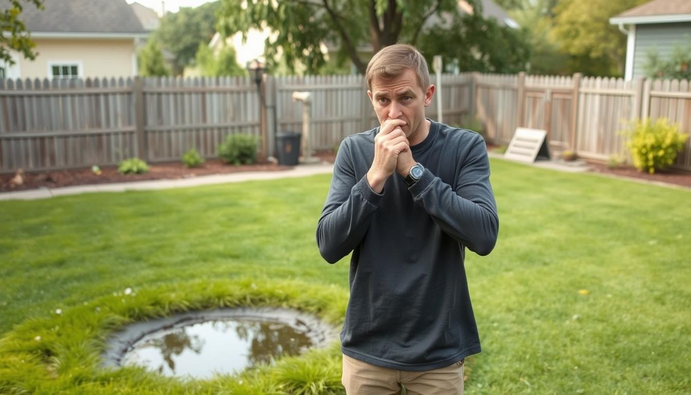 Person holding their nose due to bad septic tank odors in the yard
