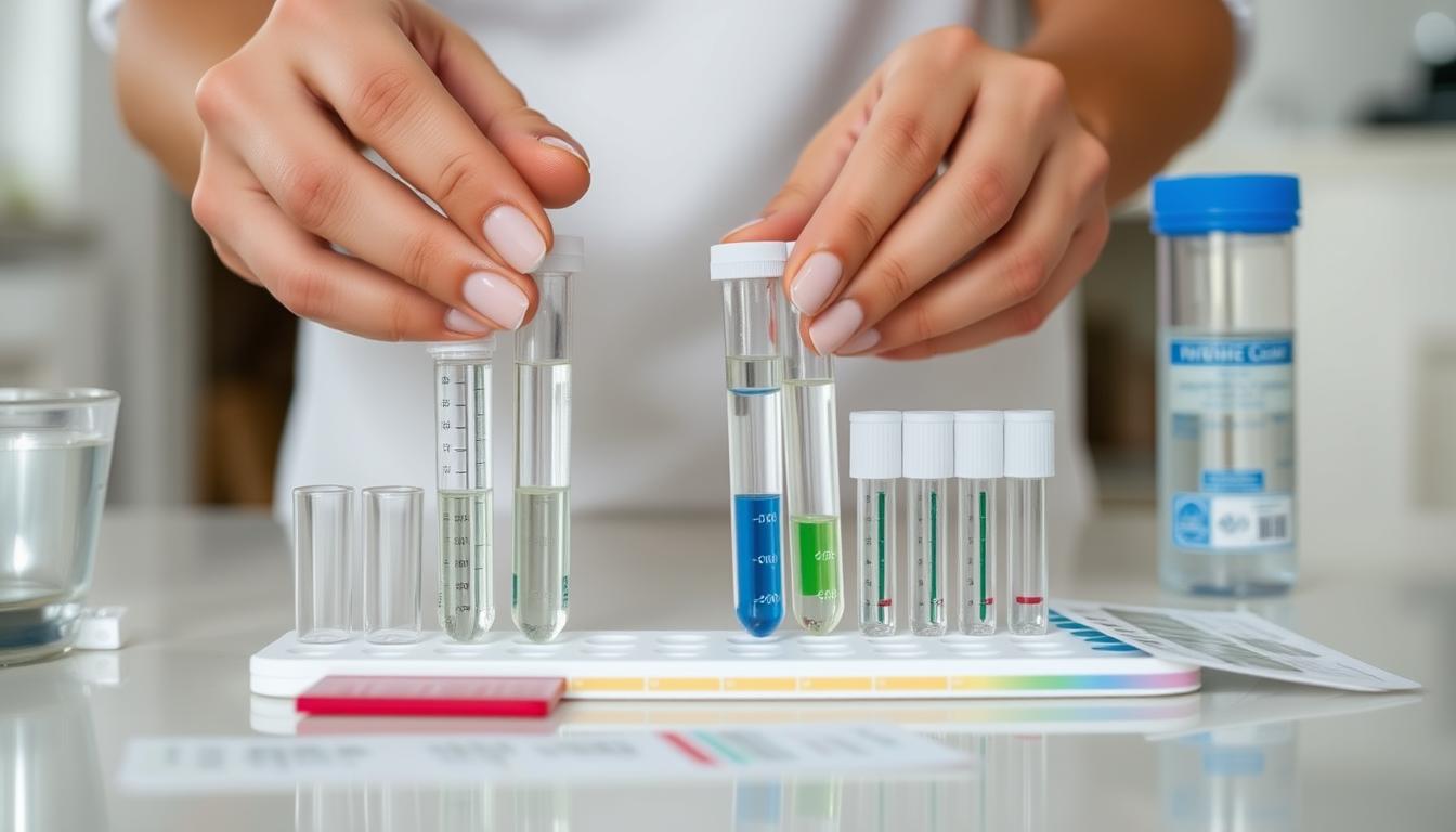 Person testing home water quality with a drinking water safety test kit