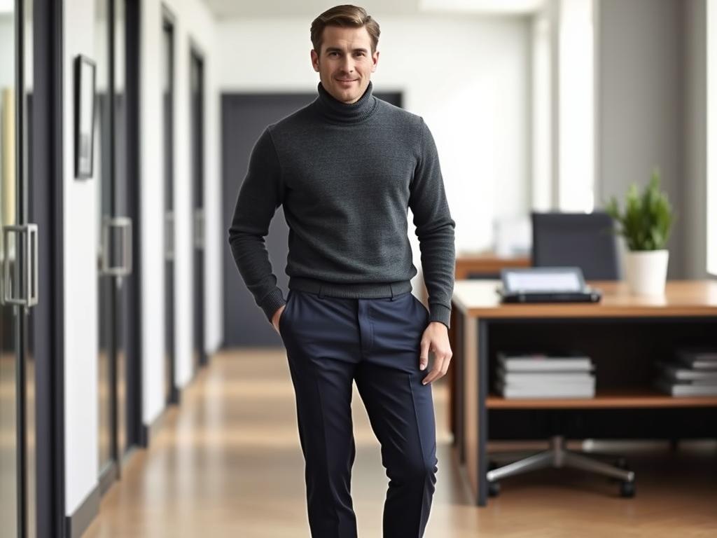 Man wearing charcoal turtleneck sweater with navy trousers and Chelsea boots - best business casual men outfits