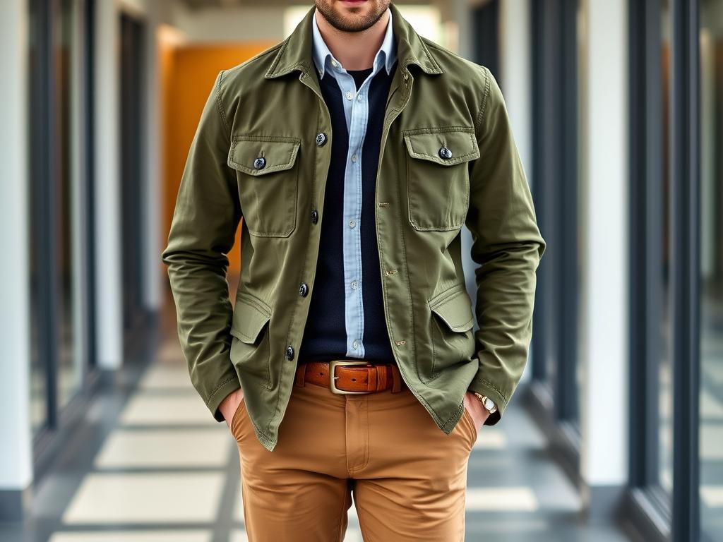 Man wearing olive field jacket with navy sweater, white shirt and khaki chinos - best business casual men outfits