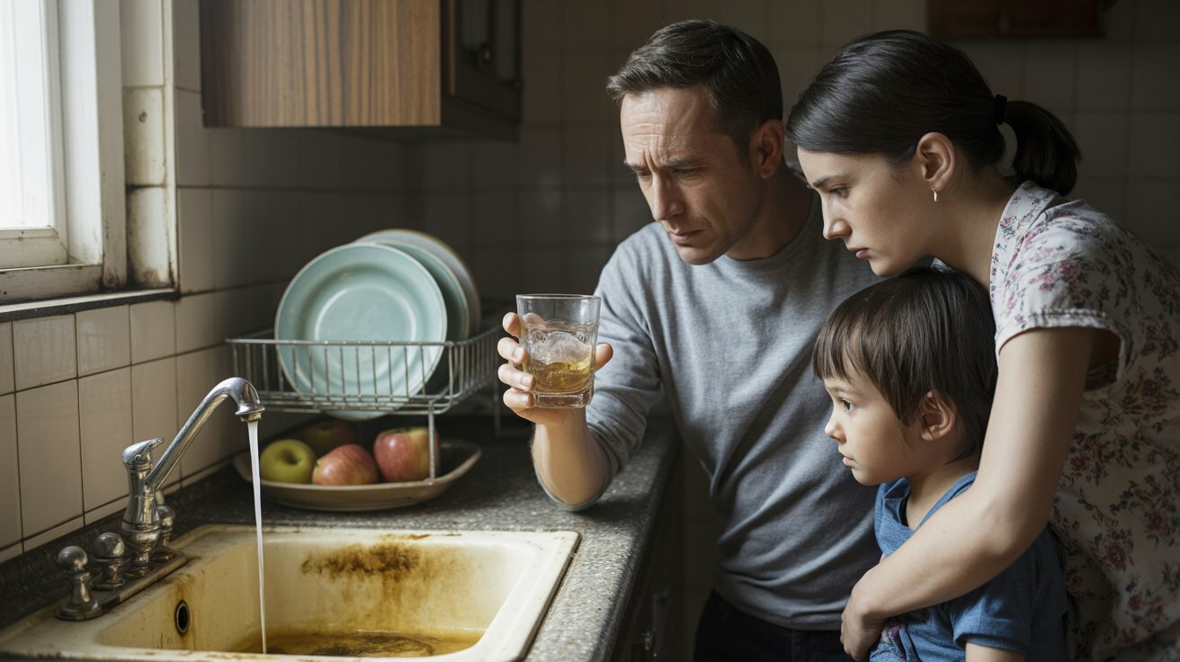A somber, documentary-style photograph captures a moment of quiet desperation within a modest kitchen, centering on a glass of murky tap water. The father holds the glass up to the light, his brow furrowed with concern as visible sediment swirls within the unnatural yellow-brown liquid, while his wife stands protectively beside him, her hand gently resting on their anxious child's shoulder. A well-worn dish rack overflows with plates next to a bowl of bruised apples, and the background reveals a stained porcelain sink where a faucet drips discolored water, all bathed in the cool, diffused light of a morning window. Long shadows stretch across the linoleum floor, amplifying the sense of unease and hinting at a growing fear surrounding "water safety".