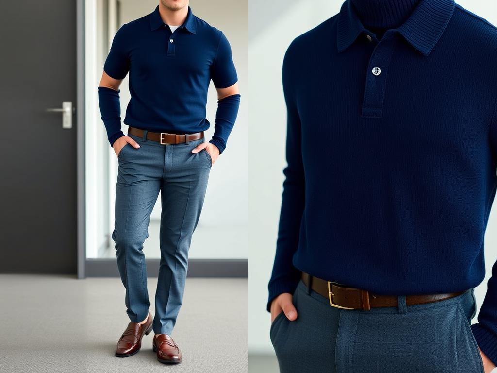 Man wearing navy knit polo shirt with gray tailored trousers and loafers - best business casual men outfits