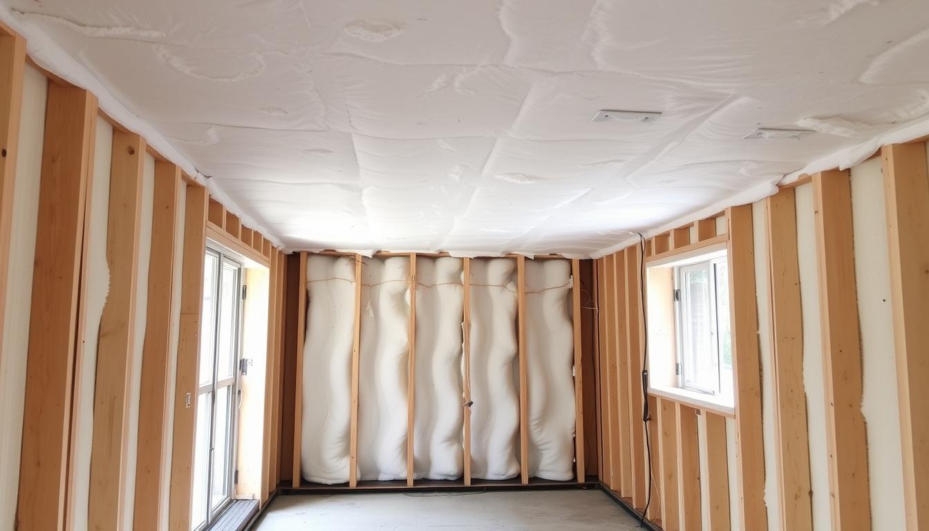 Interior of a shipping container home showing insulation installation