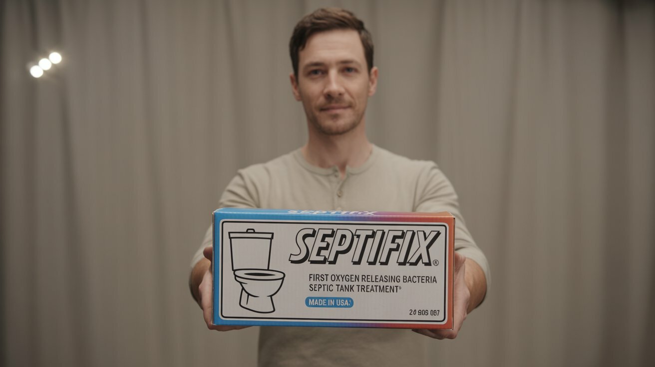 A photograph of a clean-cut man standing against a neutral grey backdrop, confidently holding a "SEPTIFIX" box at chest level. The rectangular box features a white label with the brand name in a bold stylized font, prominently displaying a graphic of a toilet bowl and text highlighting “first oxygen releasing bacteria septic tank treatment” along with “MADE IN USA”. Soft, diffused lighting illuminates the product and the man, creating a clean and trustworthy atmosphere while a subtle bokeh effect in the background further draws attention to the "SEPTIFIX" box. The man is wearing a light beige Henley shirt and has a relaxed, approachable expression, suggesting reliability and ease of use.