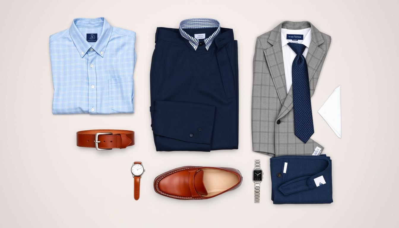 Flat lay of business casual wardrobe essentials including Oxford shirt, chinos, blazer, and leather shoes - best business casual men outfits