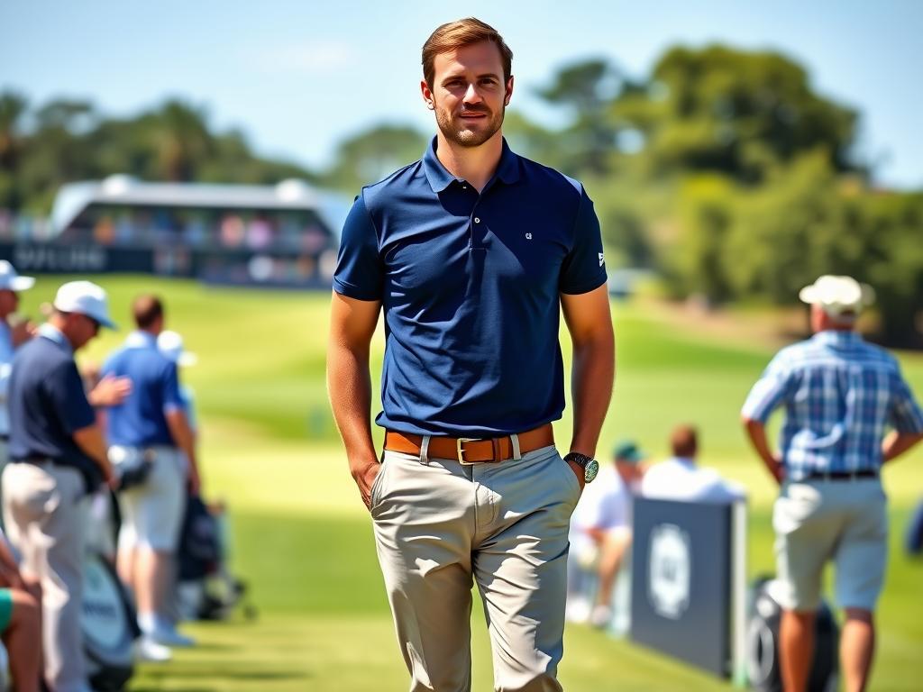 Man wearing classic navy polo shirt with khaki chinos at PGA Championship