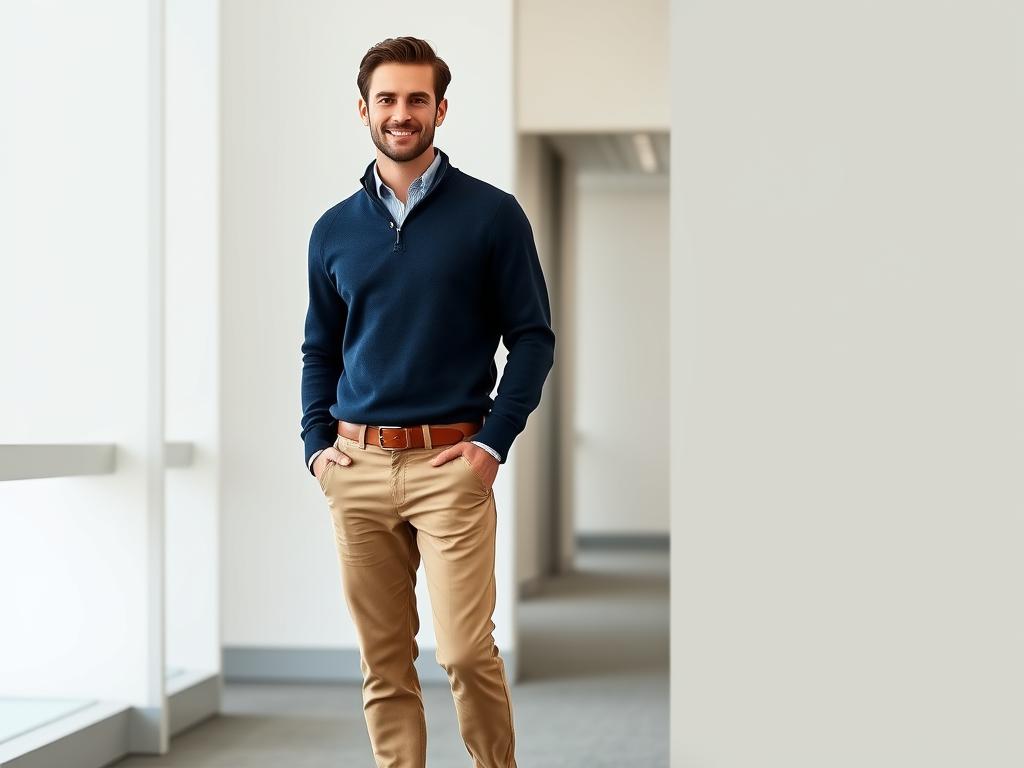 Man wearing navy quarter-zip merino sweater with khaki chinos and brown derby shoes - best business casual men outfits