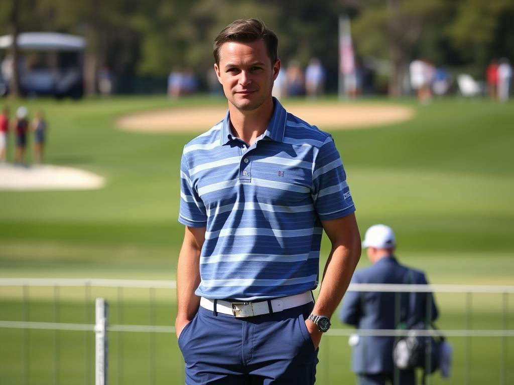 Man wearing patterned golf polo with solid bottoms at PGA Championship