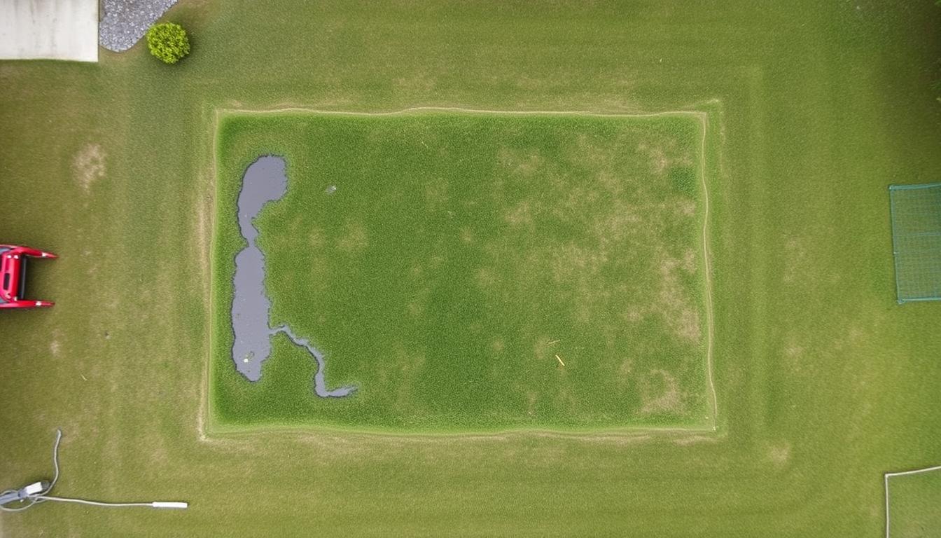 Standing water and unusually green grass over a septic drain field