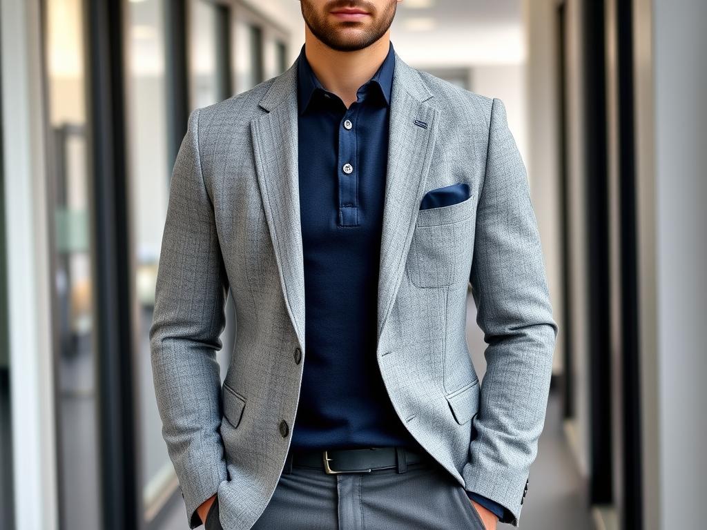 Man wearing textured gray blazer with navy knit shirt and charcoal trousers - best business casual men outfits