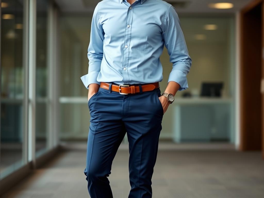 Man wearing navy chinos paired with light blue Oxford shirt and brown leather loafers - best business casual men outfits