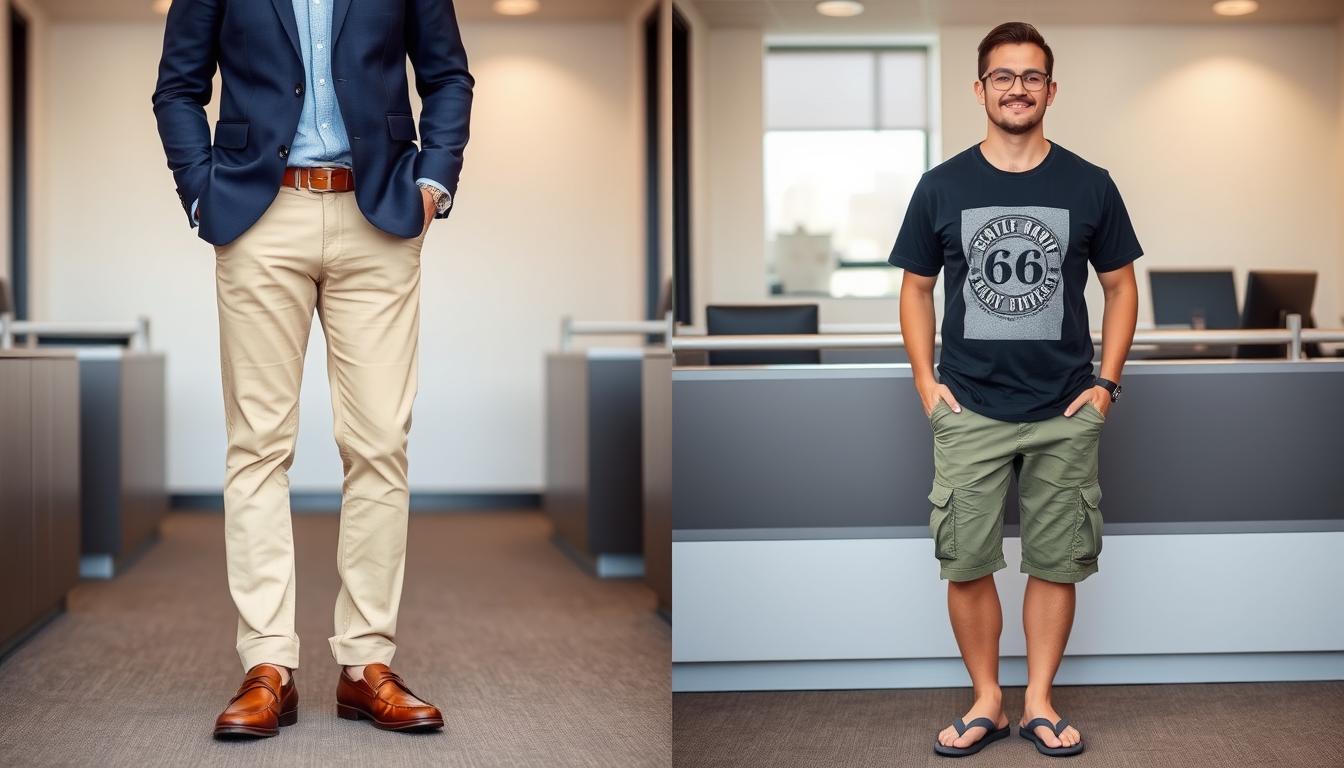 Side-by-side comparison of appropriate vs inappropriate business casual attire for men - best business casual men outfits
